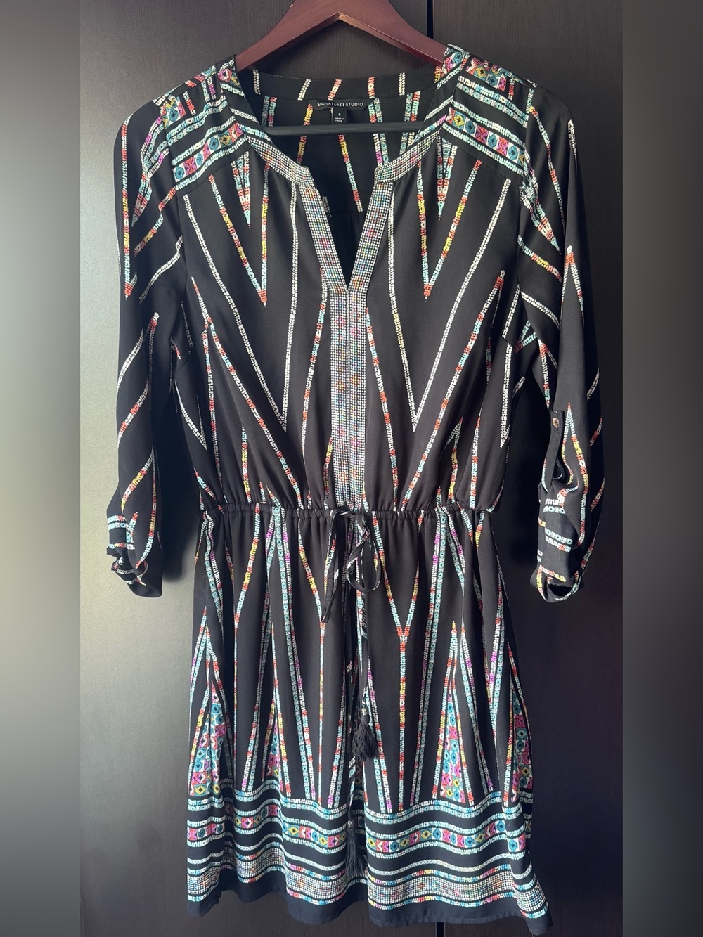 Signature Studio Black Multicolor Printed Drawstring Dress Tunic